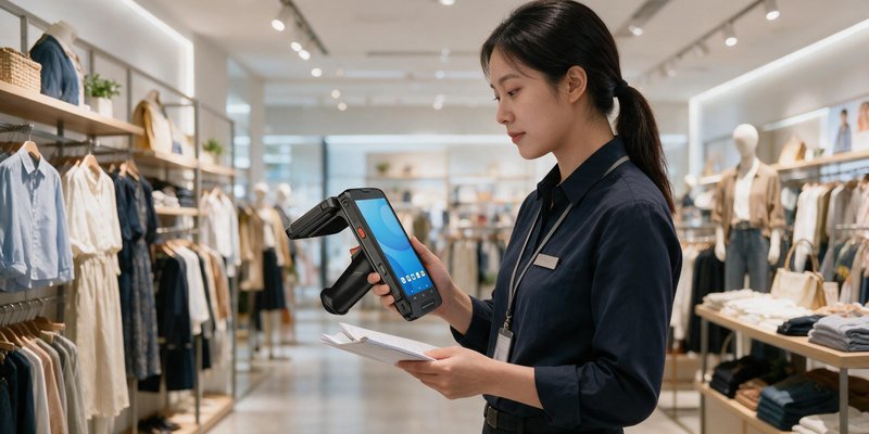 鞋服门店使用RFID手持终端进行商品盘点的场景示意图